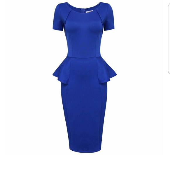 TAM WARE Women Short Sleeve Peplum Midi Dress ROYAL BLUE, NWT, M - Picture 2 of 4